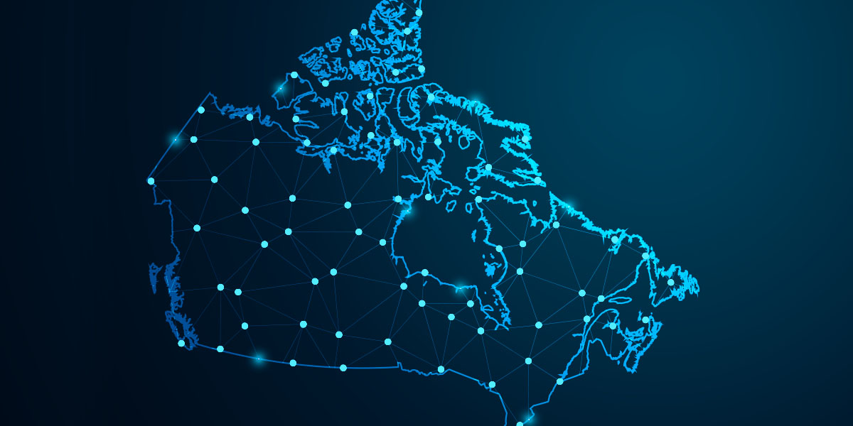digital graphic of Canada with bright dots to represent larger urban areas