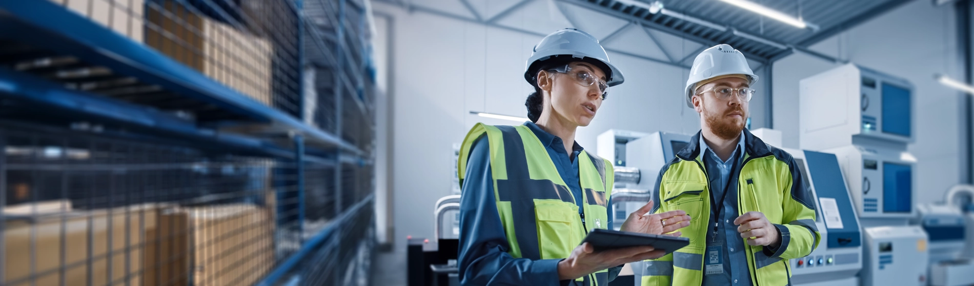 Man and Woman Standing Wearing Safety Jackets, Hard Hats, Using Digital Tablet to Monitoring Machinery