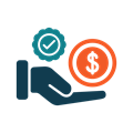 Icon of a hand holding two symbols: a dollar sign and a checkmark.