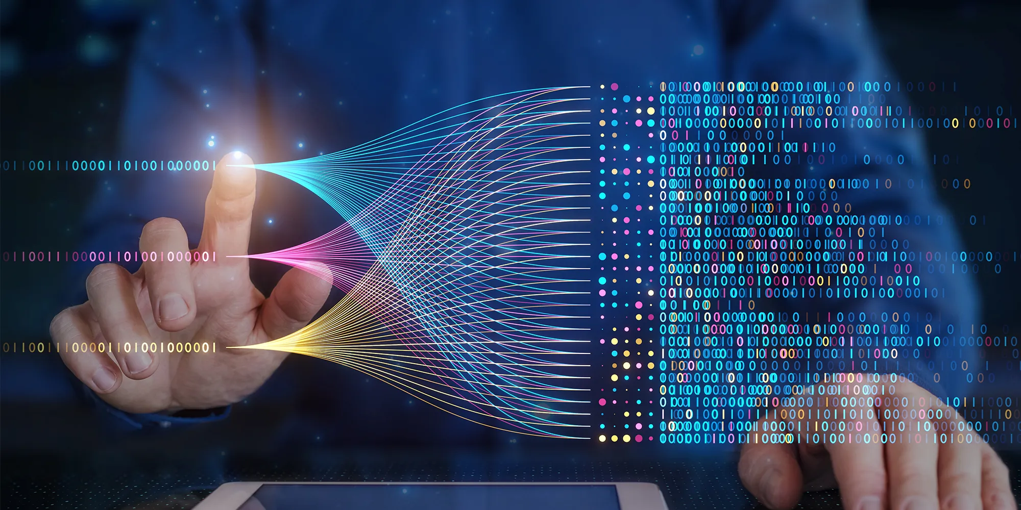 Man pointing onto a holographic graph with binary.