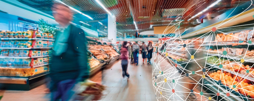 Blurred image of grocery shoppers at a grocery store