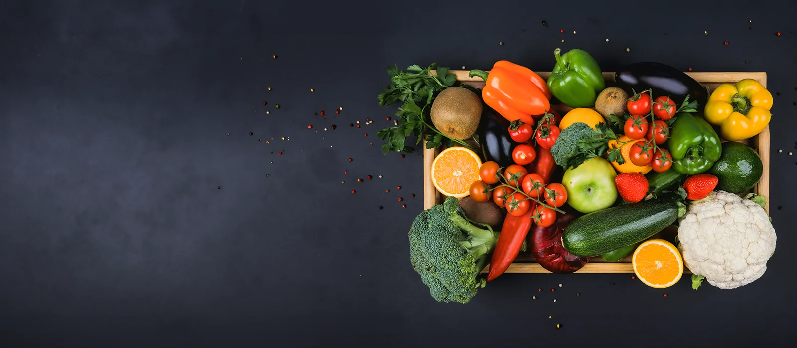 Crate of fresh fruits and vegetables