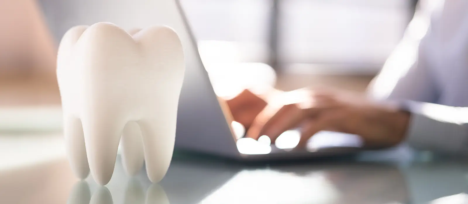 fake tooth sitting on desk with person typing in the background