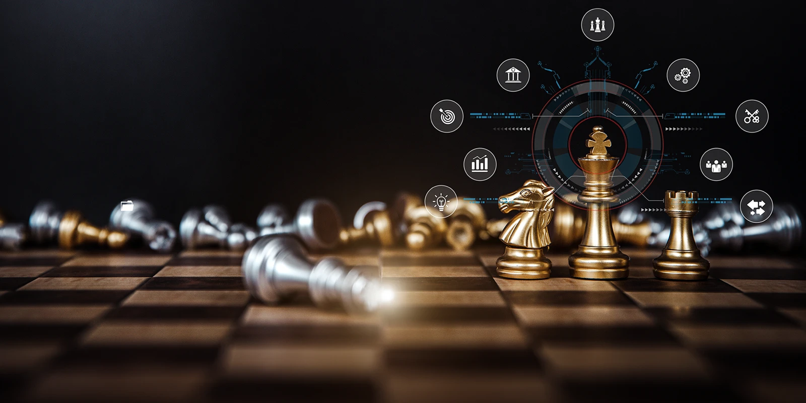 Gold and silver chess pieces on a chess board with infographic icons coming off the king