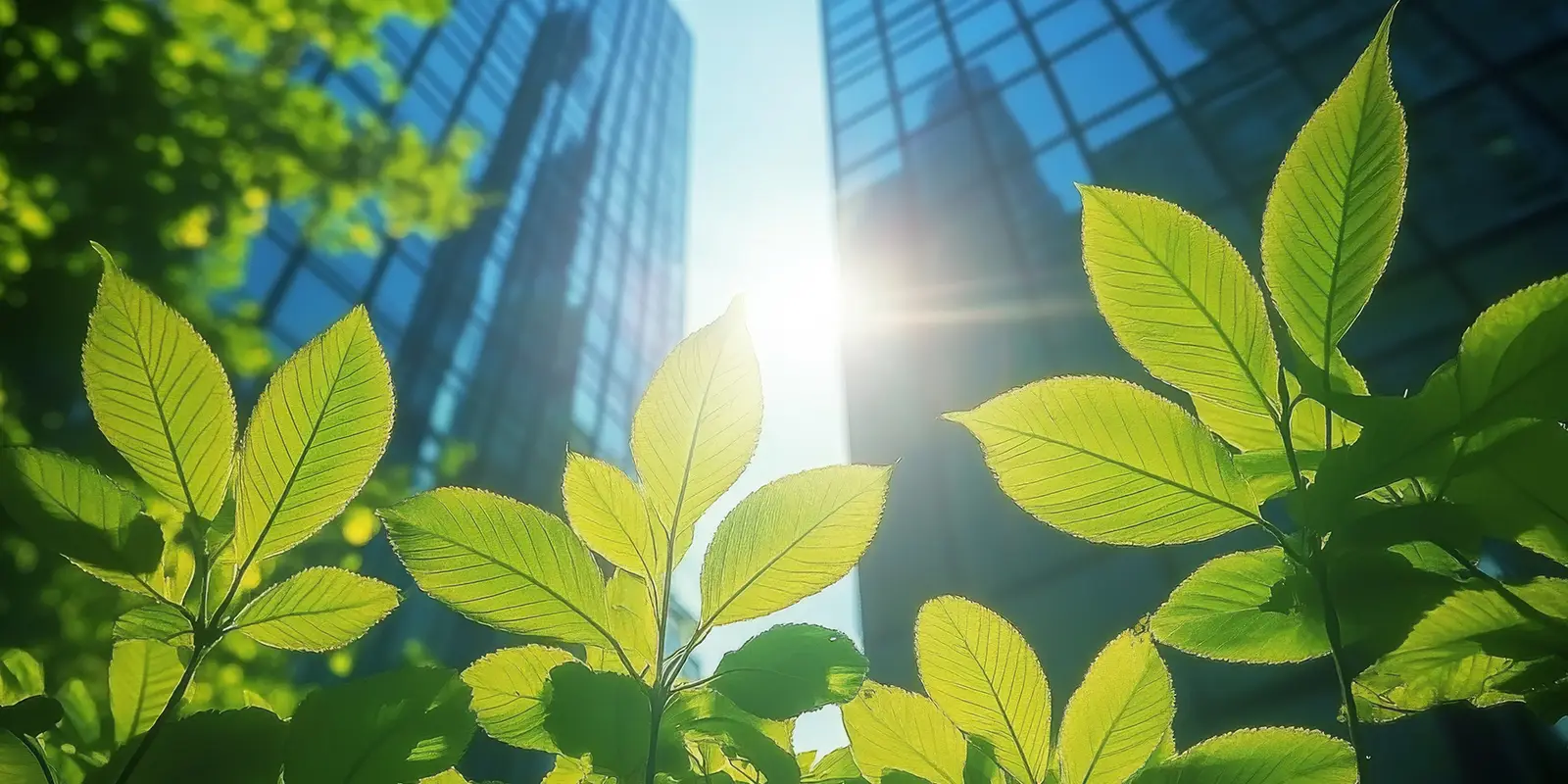 Corporate ESG reporting and nature awareness concept with green elements and business buildings