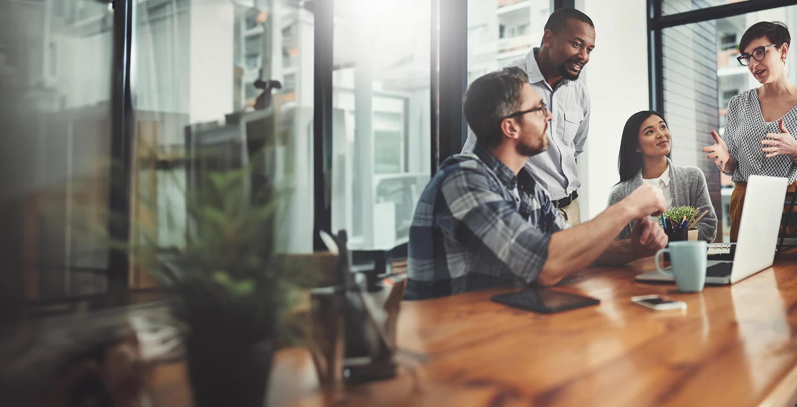 team collaborating in a modern office