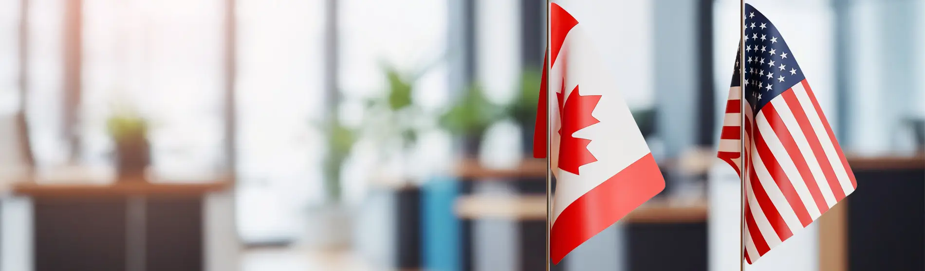 Canada and USA flags in an office setting