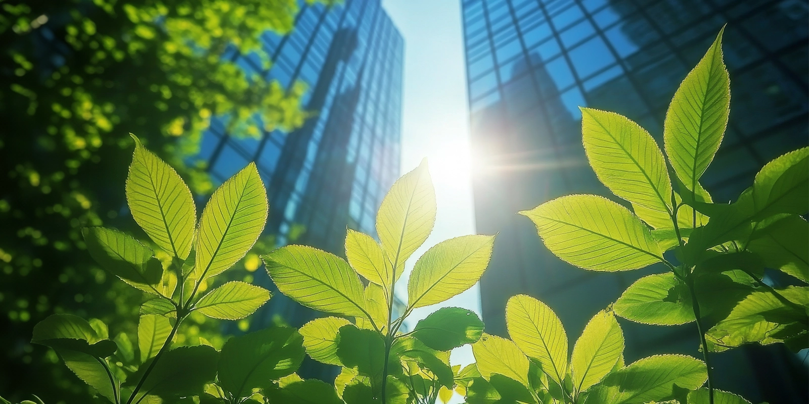 Green leaves and sky scrapers representing environmental aspects of ESG