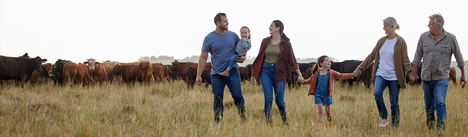 generational farming family walking with cattle